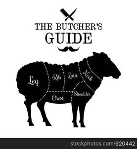 Mutton, lamb meat cut lines diagram on the outline of a sheep, butcher shop, market, steak house poster design, graphic black and white flat vector illustration. Mutton and lamb cut lines diagram graphic poster, guide for butcher