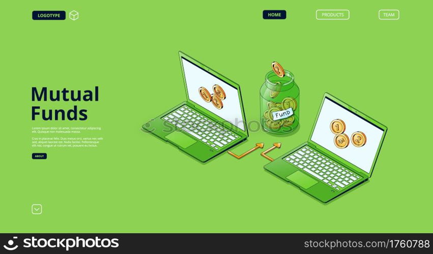 Mutual fund banner. Concept of finance strategy of investment in fund, stock instrument for capital diversification. Vector landing page with isometric laptops, coins and jar with money. Vector banner of investment in mutual fund