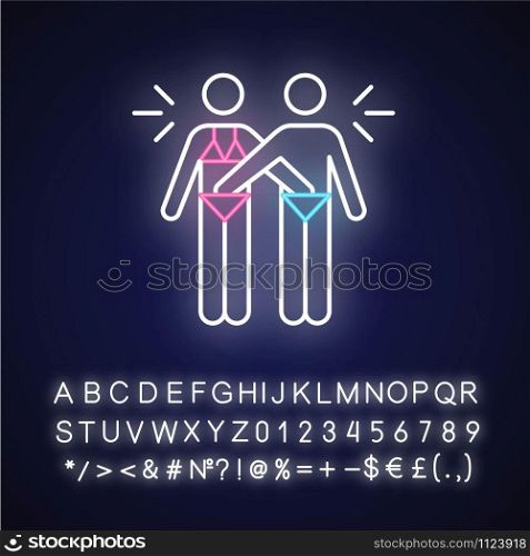 Mutual masturbation neon light icon. Sexual acitvity. Erotic play. Intimate relationship with partner. Safe sex. Glowing sign with alphabet, numbers and symbols. Vector isolated illustration