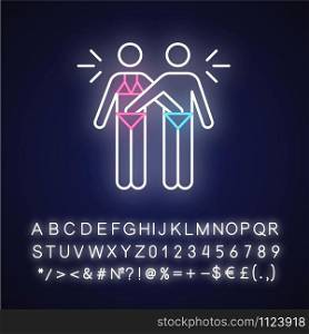 Mutual masturbation neon light icon. Sexual acitvity. Erotic play. Intimate relationship with partner. Safe sex. Glowing sign with alphabet, numbers and symbols. Vector isolated illustration