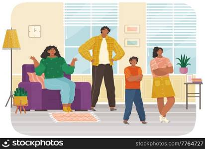 Mutual relations of parents and children, mom and dad scream and scold their naughty children, negative teenagers emotions. Family conflict. Angry parents and sad child, problems in education. Mutual relations of parents and children, mom and dad scream and scold their naughty children