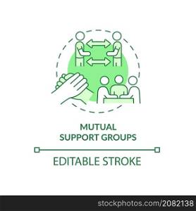 Mutual support groups green concept icon. Sharing same problem abstract idea thin line illustration. Isolated outline drawing. Editable stroke. Roboto-Medium, Myriad Pro-Bold fonts used. Mutual support groups green concept icon
