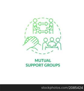 Mutual support groups green gradient concept icon. Overcoming problem together abstract idea thin line illustration. Recovery model. Isolated outline drawing. Roboto-Medium, Myriad Pro-Bold fonts used. Mutual support groups green gradient concept icon