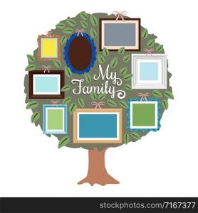 My family genealogy tree with retro frames on the foliage. Generation tree with place for photo illustration. My family genealogy tree with retro frames on the foliage