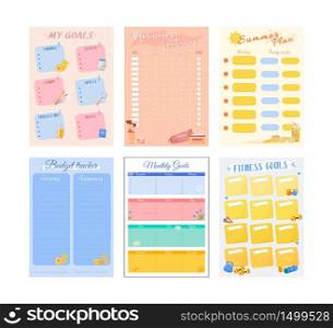 My goals creative planner page set design. Kid summer holiday wish. Cute monthly spread with doodles. Children bullet journal color sheet. Printable diary layout. Notebook vector template. My goals creative planner page set design