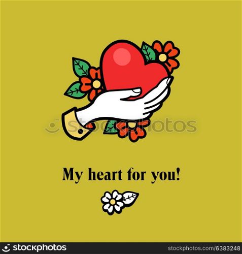 My heart for you! Vector logo, logo. Red heart in his hand.
