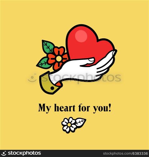 My heart for you! Vector logo, logo. Red heart in his hand.