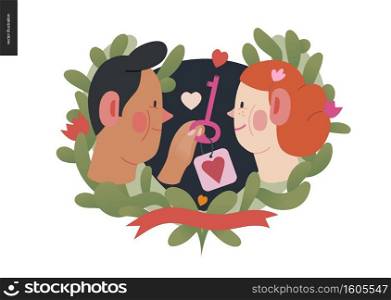 My heart key -Valentines day graphics. Modern flat vector concept illustration - a young hetoresexual couple in love, man giving key, heart label. Cute characters in love concept. Floral frame, ribbon. My heart key - Valentine graphics
