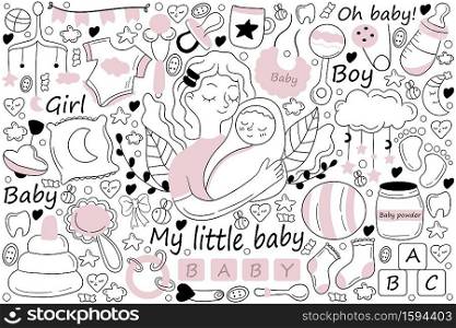My little baby doodle set. Collection of hand drawn sketches templates drawing patterns of mother holding hugging child girl boy toddler. Motherhood or mothers day and childhood illustration.. My little baby doodle set
