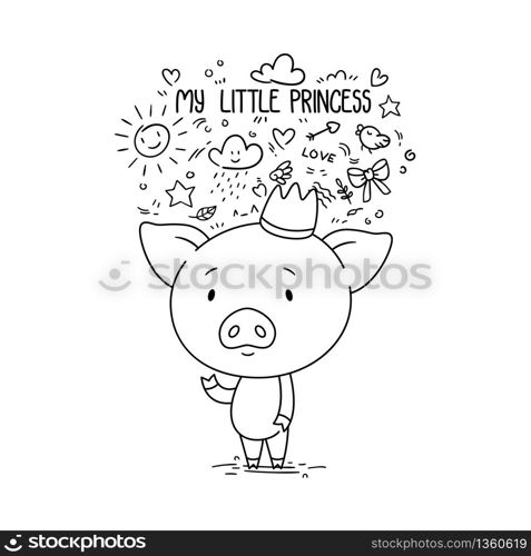 My little princess. Card for valentine&rsquo;s day. Cute piggy in crown. Kid illustration. Illustration for children&rsquo;s book. Illustration for a postcard or poster. Coloring illustration for kids.