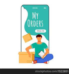 My orders cartoon smartphone vector app screen. Delivery service online. Man sitting with package. Mobile phone displays with flat character design mockup. Application telephone cute interface