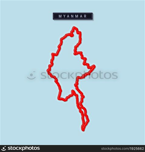 Myanmar bold outline map. Glossy red border with soft shadow. Country name plate. Vector illustration.. Myanmar bold outline map. Vector illustration