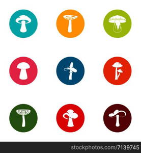 Mycotic forest icons set. Flat set of 9 mycotic forest vector icons for web isolated on white background. Mycotic forest icons set, flat style