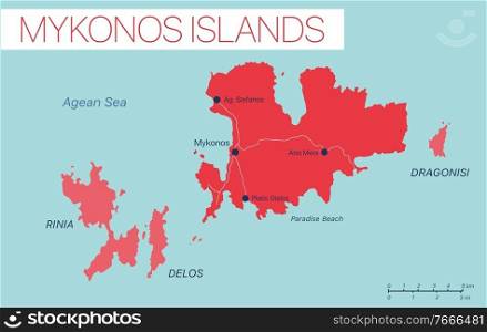 Mykonos island detailed editable map with cities and towns, geographic sites. Vector EPS-10 file. Mykonos island detailed editable map