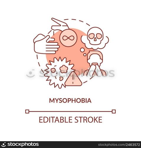 Mysophobia red concept icon. Fear of contamination and microbes. Most common phobia abstract idea thin line illustration. Isolated outline drawing. Editable stroke. Arial, Myriad Pro-Bold fonts used. Mysophobia red concept icon