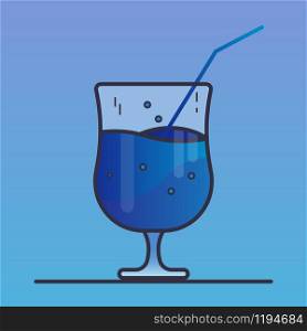Mysterious classic blue cocktail. Drink in a glass goblet with a paper straw tube. Outline vector icon. Main color of 2020 year