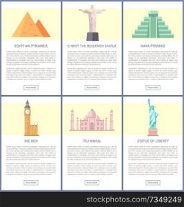 Mysterious Egyptian pyramids, huge Christ Redeemer statue, old Mayan temple, famous Big ben, marble Taj Mahal and Liberty statue vector illustrations.. World Famous Attractions Vertical Promo Banners