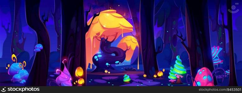 Mysterious forest landscape with fantastic plants glowing in night darkness. Vector cartoon illustration of magic tree, mushrooms and flowers growing on glade. Nature on alien planet. Game background. Mysterious forest landscape with fantastic plants