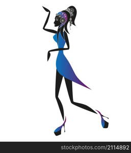 Mysterious girl wearing high heels on white background is dancing. Vector artistic illustration.