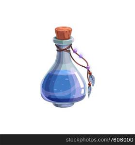 Mysterious Halloween witch potion isolated bottle with blue elixir and feathers. Vector liquid in glass jar. Halloween witch potion, blue liquid in jar isolated