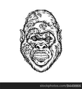 Mysterious horror zombie gorilla head monochrome vector illustrations for your work logo, merchandise t-shirt, stickers and label designs, poster, greeting cards advertising business company or brands