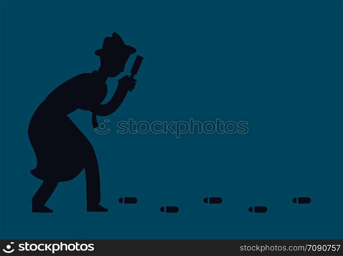 Mysterious investigator detective is following footprints vector illustration. Detective search footprint, magnifying glass inspect. Mysterious investigator detective is following footprints vector illustration