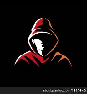Mysterious man in a hood on a dark background. Made on a urban style in the category of underground street art. Can be used for logo, graffiti, print, avatar. Vector graphics. Mysterious man in a hood on a dark background
