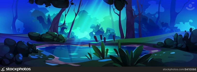Mysterious night forest landscape with sw&. Vector cartoon illustration of spooky nature for game background, lake water, moonlight beams, old trees and bushes, green grass and stones on ground. Mysterious night forest landscape with sw&
