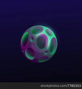 Mysterious space planet with deep holes. Vector galaxy sphere with craters, potholed green and purple colored surface. Globe in alien universe, Ui game isolated fantasy astronomical object in cosmos. Mysterious space planet with deep holes, globe