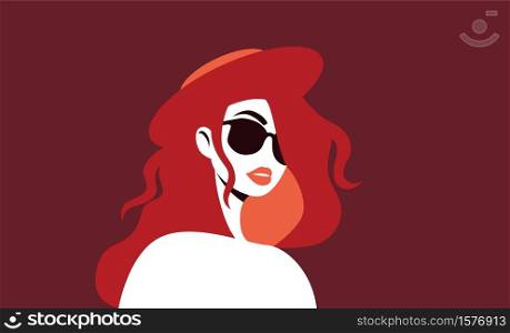 Mysterious woman in sunglasses. Stylish sexy girl with red hair and hat looks forward thoughtfully handsome character with daring vector face vintage secret agent.. Mysterious woman in sunglasses. Stylish sexy girl with red hair and hat looks forward.