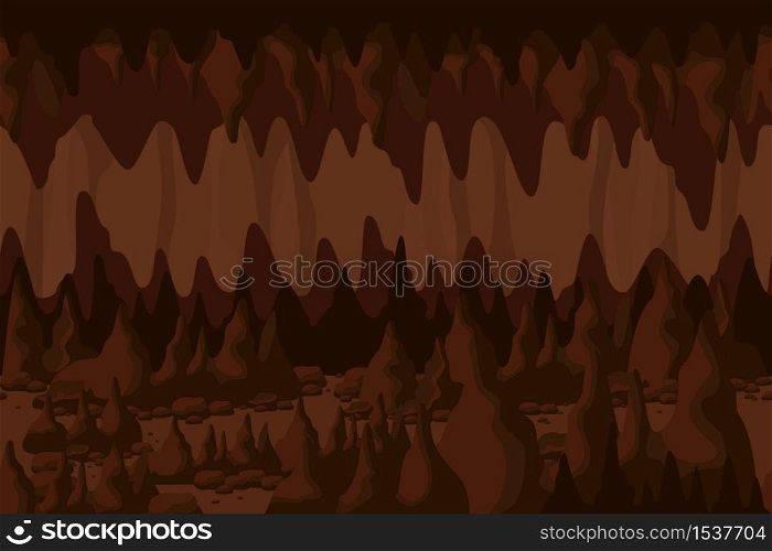 Mystery colorful cave tunnel landscape background. Structure of natural rock formation stalactites and stalagmites backdrop. Cartoon fantasy indoor mountain scenery. Underground cavern with stone. Mystery colorful cave tunnel landscape background underground cavern with stone