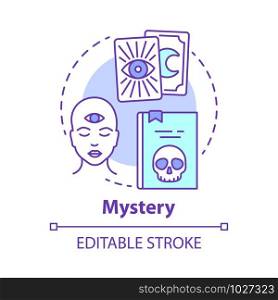 Mystery concept icon. Occult books idea thin line illustration. Mysticism, taromancy & esoteric literature. Fortune telling and divination. Vector isolated outline drawing. Editable stroke