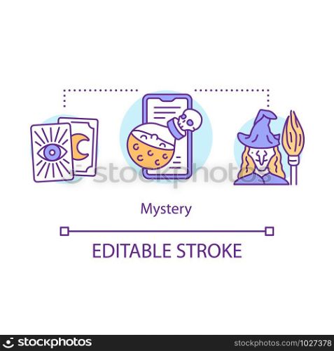 Mystery concept icon. Spellbooks and esoteric literature idea thin line illustration. Taromancy, fortune telling. Mystic story with wizards & witches. Vector isolated outline drawing. Editable stroke