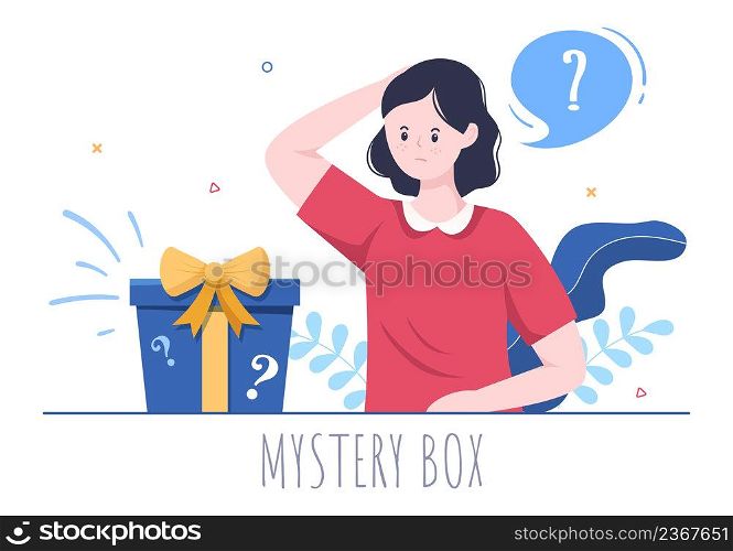 Mystery Gift Box and Confused Woman a Cardboard Box Open Inside with a Question Mark, Lucky Gift or Other Surprise in Flat Cartoon Style Illustration