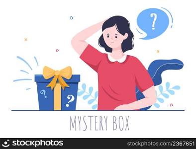Mystery Gift Box and Confused Woman a Cardboard Box Open Inside with a Question Mark, Lucky Gift or Other Surprise in Flat Cartoon Style Illustration