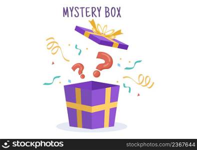 Mystery Gift Box with Cardboard Box Open Inside with a Question Mark, Lucky Gift or Other Surprise in Flat Cartoon Style Illustration