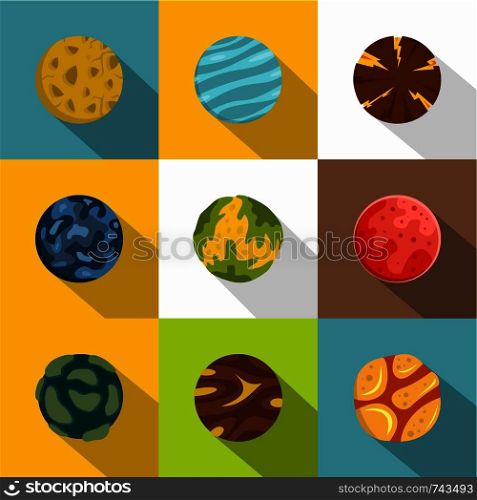 Mystery planet icon set. Flat style set of 9 mystery planet vector icons for web design. Mystery planet icon set, flat style