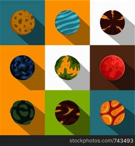 Mystery planet icon set. Flat style set of 9 mystery planet vector icons for web design. Mystery planet icon set, flat style
