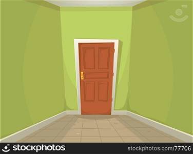 Mystery Room. Illustration of a cartoon home or office corridor with ground tiles and a mysterious closed door