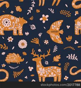 Mystic animals seamless pattern. Magic fauna characters, cute boho style forest fauna silhouettes with flowers and leaves ornaments. Decor textile, wrapping paper wallpaper, vector print or fabric. Mystic animals seamless pattern. Magic fauna characters, cute boho style forest fauna silhouettes with flowers and leaves ornaments. Decor textile, wrapping paper wallpaper, vector print