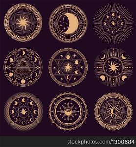 Mystic circle symbols. Vector illustration set. Astrology moon and pyramid, eclipse spirituality, freemasonry mysterious collection round emblems. Mystic circle symbols. Vector illustration of set