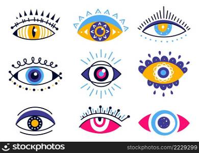 Mystic evil eyes. Cartoon occult esoteric symbols. Magical hamsa element for providence, talisman for protection. Lucky spiritual and sacred souvenir of various shapes isolated vector set. Mystic evil eyes. Cartoon occult esoteric symbols. Magical hamsa element for providence, talisman for protection