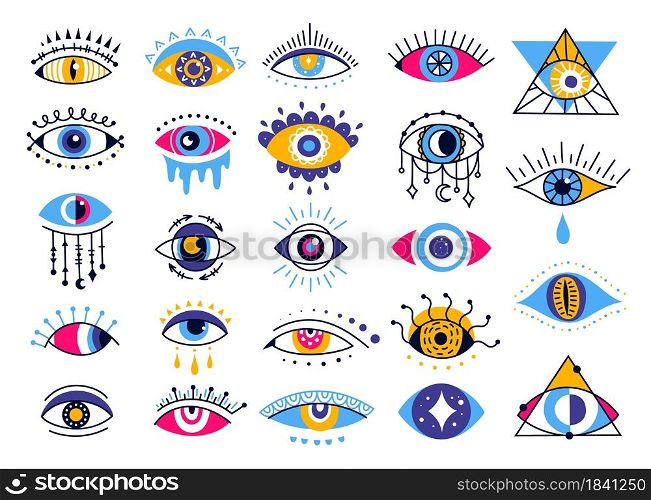 Mystic evil eyes, esoteric ethnic eye elements. Providence or protection talisman symbol, magic occult amulet, mystical oracle eye vector set. Lucky or sacred tattoo icons isolated. Mystic evil eyes, esoteric ethnic eye elements. Providence or protection talisman symbol, magic occult amulet, mystical oracle eye vector set