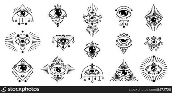 Mystic eyes. Esoteric and astrology tattoo symbol, occult alchemy amulet of human eye. Vector set symbols illustration mystical doodle religion. Mystic eyes. Esoteric and astrology tattoo symbol, occult alchemy amulet of human eye. Vector set