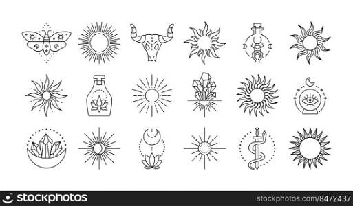 Mystic logo. Line astrology and spiritual collection of magic sun hands Moon and crystal graphic elements. Vector set design symbol astrology. Mystic logo. Line astrology and spiritual collection of magic sun hands Moon and crystal graphic elements. Vector set