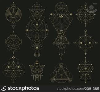 Mystic sacred geometric linear shapes, abstract mystical signs. Abstract sacred linear shapes vector illustration set. Geometric occult sacramental symbols. Esoteric figures with moon phases. Mystic sacred geometric linear shapes, abstract mystical signs. Abstract sacred linear shapes vector illustration set. Geometric occult sacramental symbols