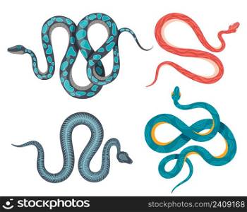 Mystic snakes. Poisonous esoteric animals with colorful skin. Dangerous coiled serpents scrawling. Wild exotic reptiles for tattoo, spiritual aggressive creatures isolated vector set. Mystic snakes. Poisonous esoteric animals with colorful skin. Dangerous coiled serpents scrawling. Wild exotic reptiles