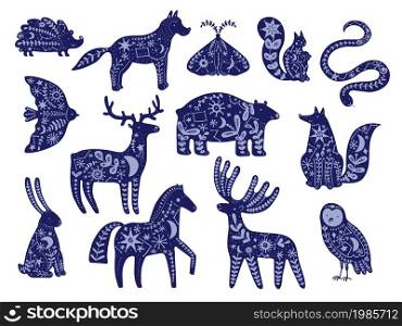 Mystic stars animals. Decorated silhouettes creatures, floral elements and constellations, bohemian magical woodland fauna with plant leaves and astrology signs, vector cartoon flat style isolated set. Mystic stars animals. Decorated silhouettes creatures, floral elements and constellations, bohemian magical fauna with plant leaves and astrology signs, vector cartoon flat isolated set