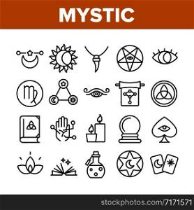 Mystic Symbol Tool Collection Icons Set Vector Thin Line. Mystic Esoteric Eye And Amulet, Candle And Cards, Potion And Crystal Ball Concept Linear Pictograms. Monochrome Contour Illustrations. Mystic Symbol Tool Collection Icons Set Vector