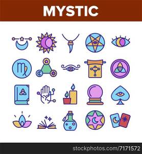 Mystic Symbol Tool Collection Icons Set Vector Thin Line. Mystic Esoteric Eye And Amulet, Candle And Cards, Potion And Crystal Ball Concept Linear Pictograms. Color Contour Illustrations. Mystic Symbol Tool Collection Icons Set Vector